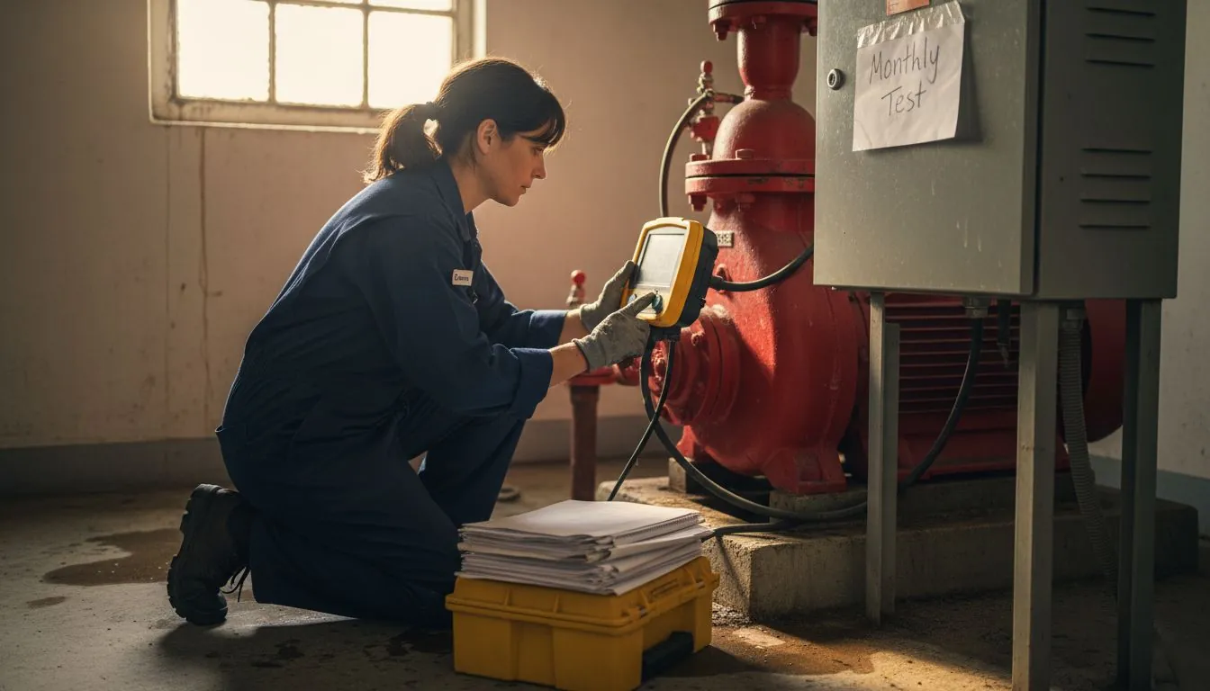 Technician using a digital meter for a fire pump test