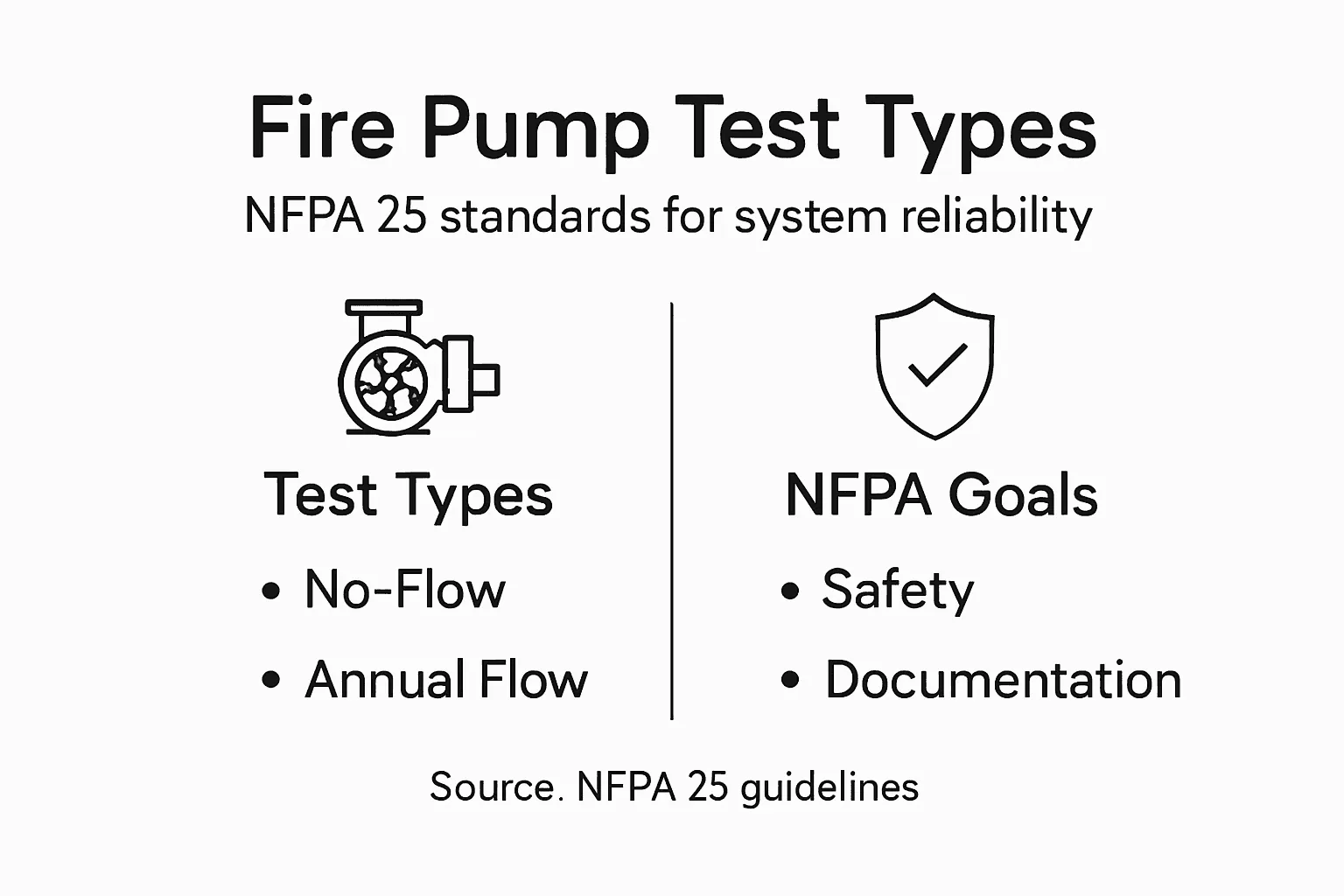 Infographic outlining fire pump test categories and NFPA goals